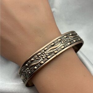 Vintage Artisan Tri-Color Mixed Metal Floral Cuff Bracelet